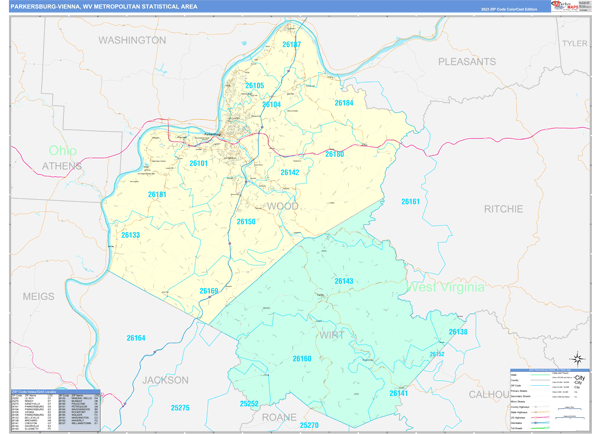 Parkersburg-Vienna Metro Area Wall Map Color Cast Style